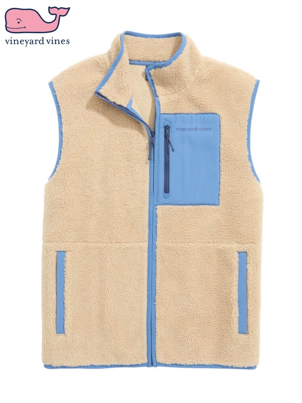 NWT Vineyard Vines Men's XL Cappuccino Sherpa Fleece Vest with Light Blue Trim